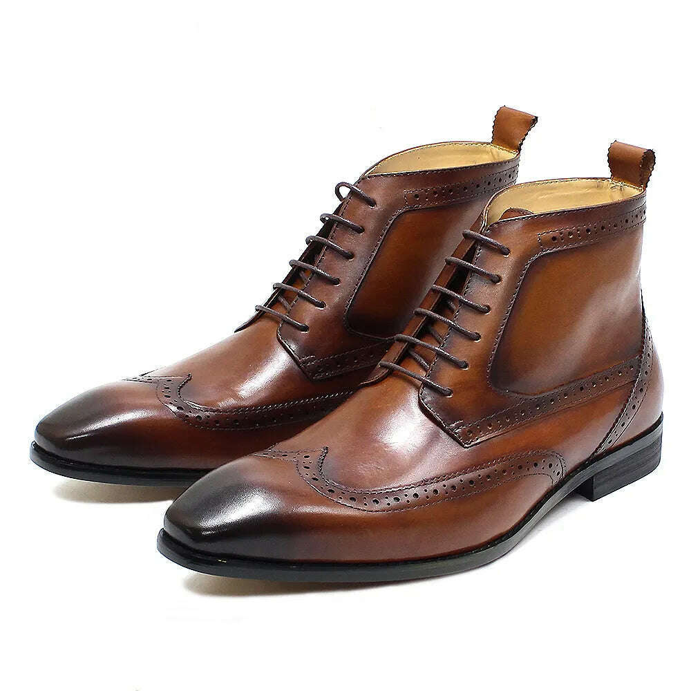 Classic Calfskin Real Leather Cowboy Boot Mens Lace Up Wingtip Pointed