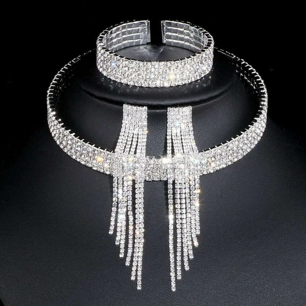 KIMLUD, Classic Elegant Tassel Crystal Bridal Jewelry Sets African Rhinestone Wedding Necklace Earrings Bracelet Sets WX081, 4 Lays with earrings, KIMLUD APPAREL - Womens Clothes