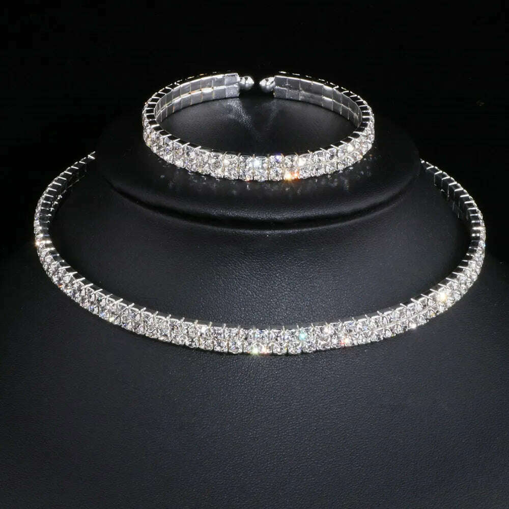 KIMLUD, Classic Elegant Tassel Crystal Bridal Jewelry Sets African Rhinestone Wedding Necklace Earrings Bracelet Sets WX081, 2 Lays, KIMLUD Womens Clothes