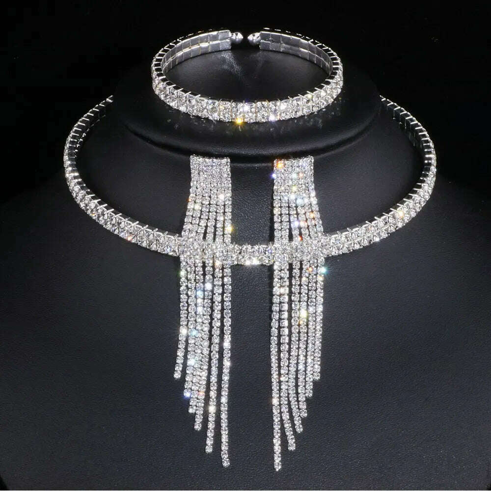 KIMLUD, Classic Elegant Tassel Crystal Bridal Jewelry Sets African Rhinestone Wedding Necklace Earrings Bracelet Sets WX081, 2 Lays with earrings, KIMLUD Womens Clothes