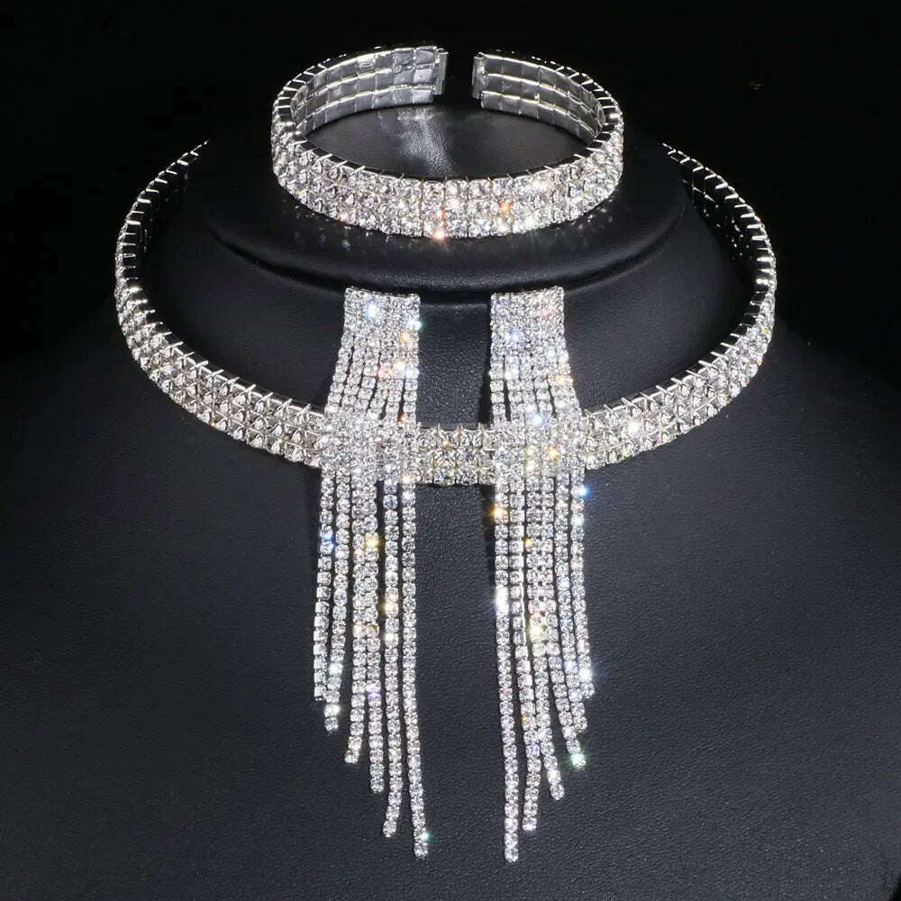 KIMLUD, Classic Elegant Tassel Crystal Bridal Jewelry Sets African Rhinestone Wedding Necklace Earrings Bracelet Sets WX081, 3 Lays with earrings, KIMLUD Womens Clothes