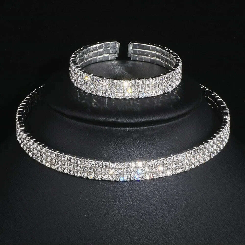 KIMLUD, Classic Elegant Tassel Crystal Bridal Jewelry Sets African Rhinestone Wedding Necklace Earrings Bracelet Sets WX081, 3 Lays, KIMLUD Womens Clothes