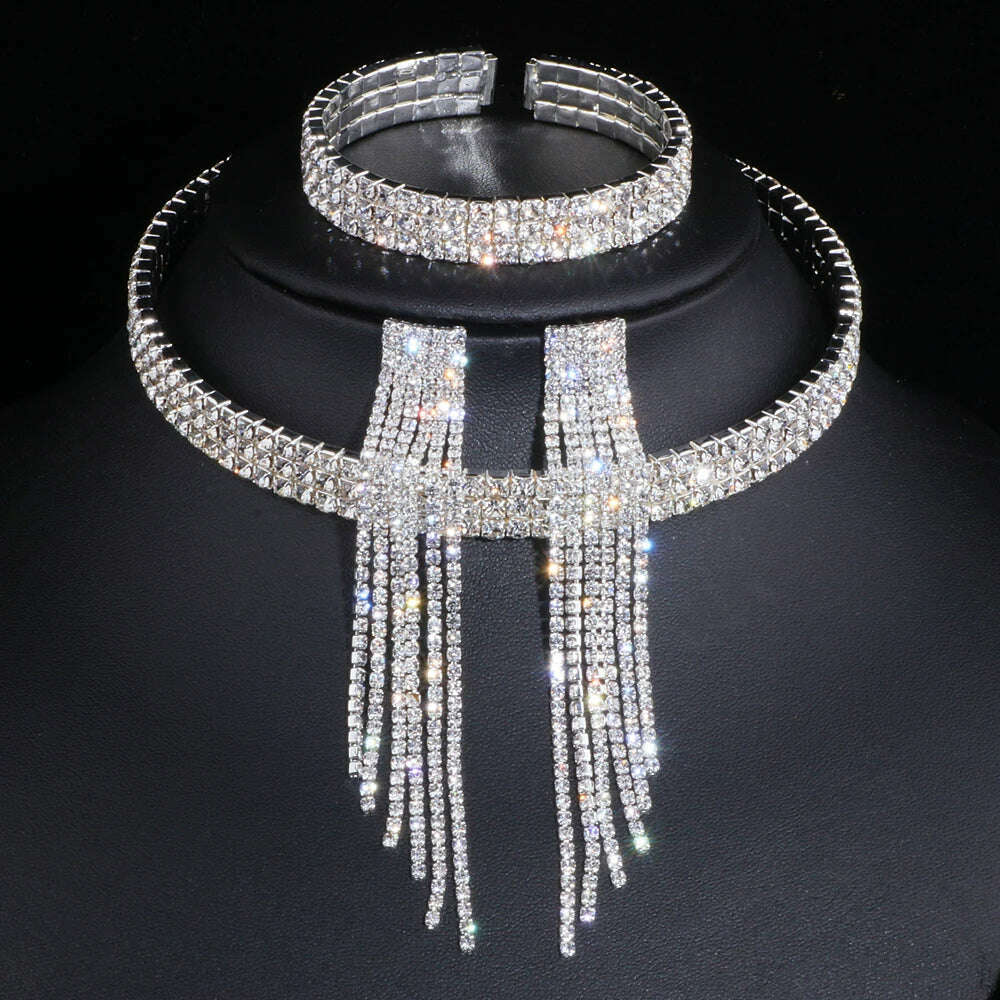 KIMLUD, Classic Elegant Tassel Crystal Bridal Jewelry Sets African Rhinestone Wedding Necklace Earrings Bracelet Sets WX081, KIMLUD Womens Clothes