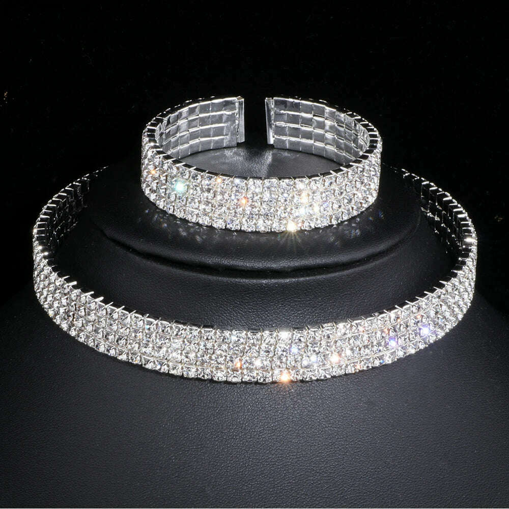 KIMLUD, Classic Elegant Tassel Crystal Bridal Jewelry Sets African Rhinestone Wedding Necklace Earrings Bracelet Sets WX081, KIMLUD Womens Clothes