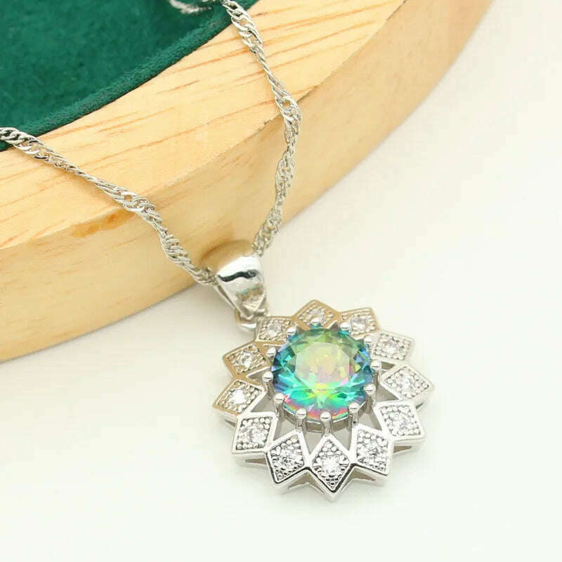 KIMLUD, Classic Rainbow Topaz 925 Sterling Silver Jewelry Sets For Women Bracelet Earrings Necklace pendant Ring Wedding Bride 4PCS, KIMLUD Womens Clothes