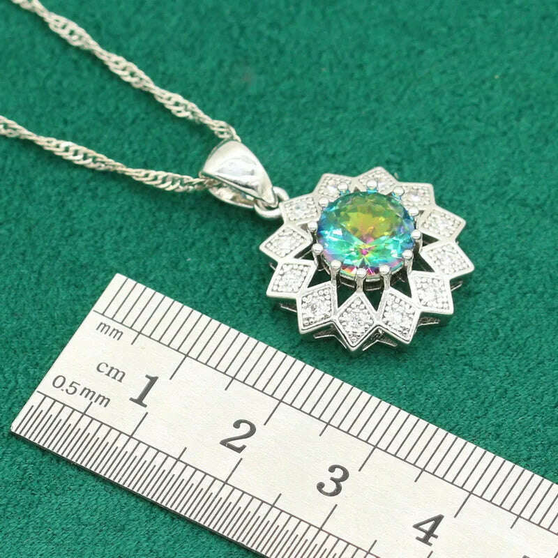 KIMLUD, Classic Rainbow Topaz 925 Sterling Silver Jewelry Sets For Women Bracelet Earrings Necklace pendant Ring Wedding Bride 4PCS, KIMLUD Womens Clothes