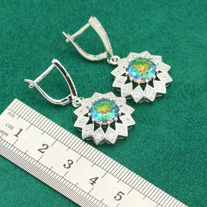 KIMLUD, Classic Rainbow Topaz 925 Sterling Silver Jewelry Sets For Women Bracelet Earrings Necklace pendant Ring Wedding Bride 4PCS, KIMLUD Womens Clothes