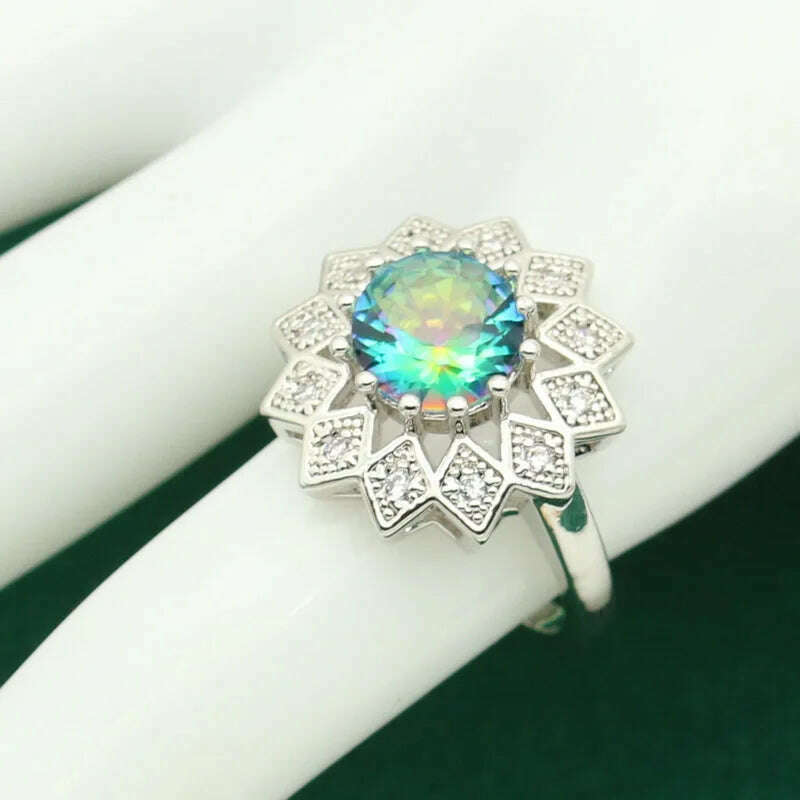 KIMLUD, Classic Rainbow Topaz 925 Sterling Silver Jewelry Sets For Women Bracelet Earrings Necklace pendant Ring Wedding Bride 4PCS, KIMLUD Womens Clothes