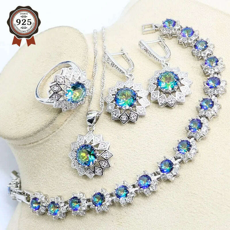 KIMLUD, Classic Rainbow Zircon Necklace Earrings Sets For Women 925 Silver Ring Pendants Bracelets Rainbow Wedding Jewelry Sets, KIMLUD Womens Clothes