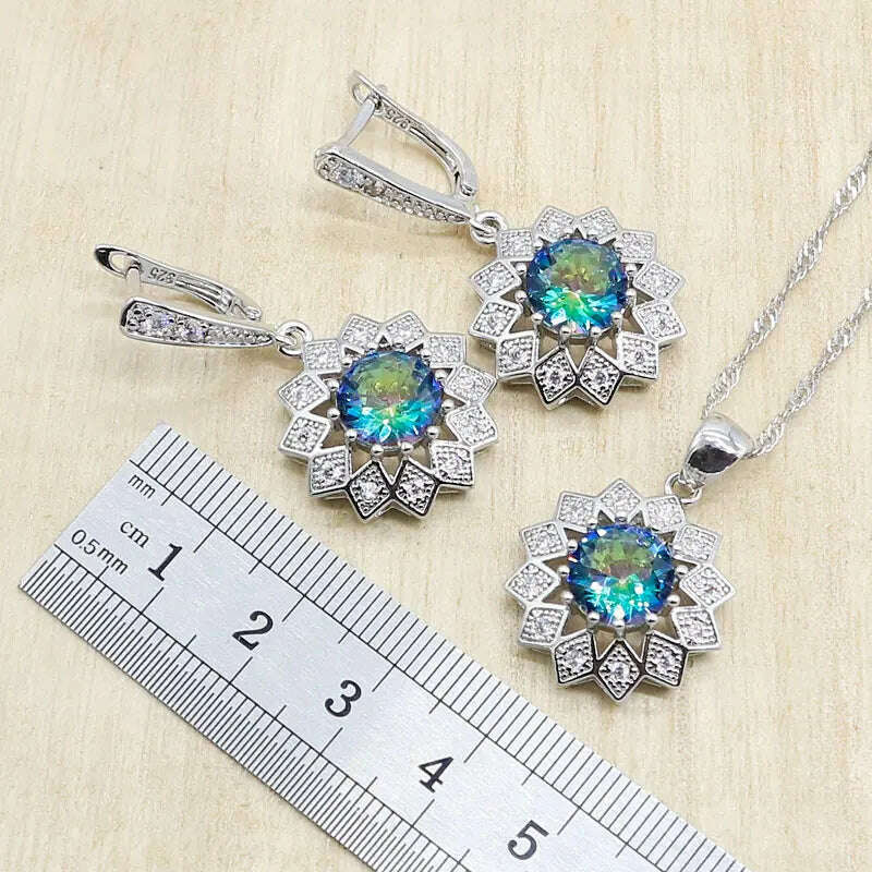 KIMLUD, Classic Rainbow Zircon Necklace Earrings Sets For Women 925 Silver Ring Pendants Bracelets Rainbow Wedding Jewelry Sets, KIMLUD Womens Clothes
