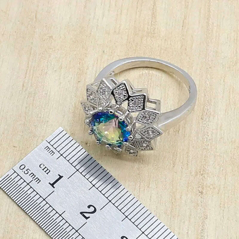 KIMLUD, Classic Rainbow Zircon Necklace Earrings Sets For Women 925 Silver Ring Pendants Bracelets Rainbow Wedding Jewelry Sets, KIMLUD Womens Clothes