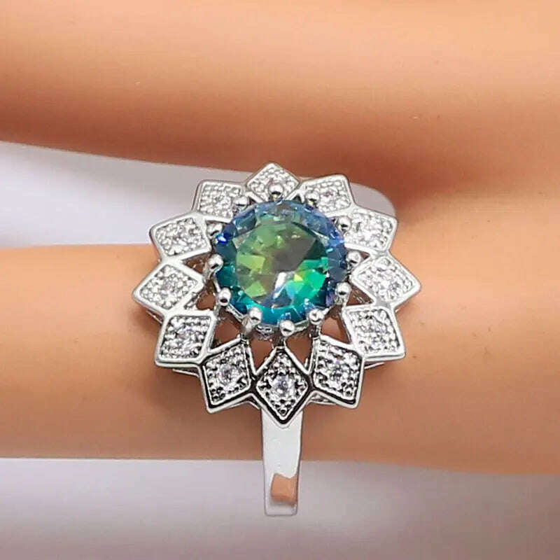 KIMLUD, Classic Rainbow Zircon Necklace Earrings Sets For Women 925 Silver Ring Pendants Bracelets Rainbow Wedding Jewelry Sets, KIMLUD Womens Clothes