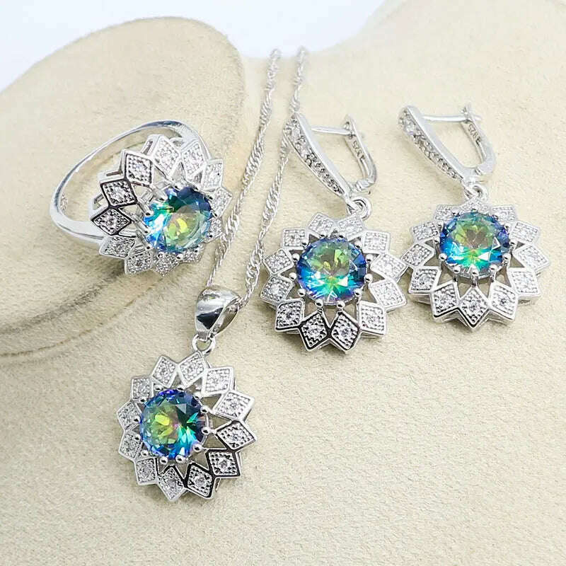 KIMLUD, Classic Rainbow Zircon Necklace Earrings Sets For Women 925 Silver Ring Pendants Bracelets Rainbow Wedding Jewelry Sets, RAINBOW 3PCS / 6, KIMLUD APPAREL - Womens Clothes