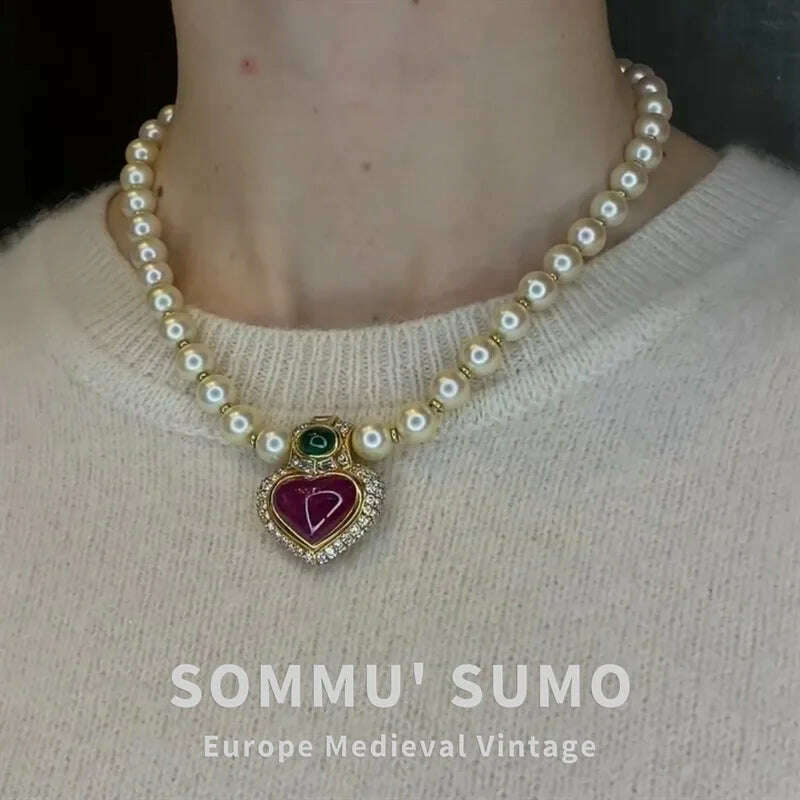 KIMLUD, Classic red and green glass pearl crystal natural stone necklace zircon earrings, necklace, KIMLUD APPAREL - Womens Clothes