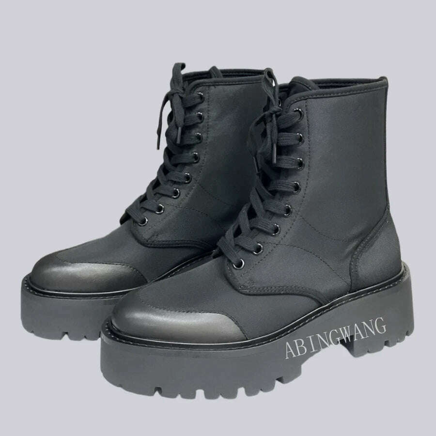 KIMLUD, Classics Genuine Leather Square Heel Ankle Boots Lace Up Thick Sole Round Toe Short Boots Casual Outside Women Boots, black / 40, KIMLUD APPAREL - Womens Clothes