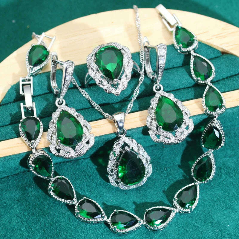 KIMLUD, Classics Green Zircon 925 Silver Jewelry Sets for Women Wedding Bracelet Earrings Necklace Pendant Ring Dating Gifts, 4PCS 01 / 7, KIMLUD APPAREL - Womens Clothes