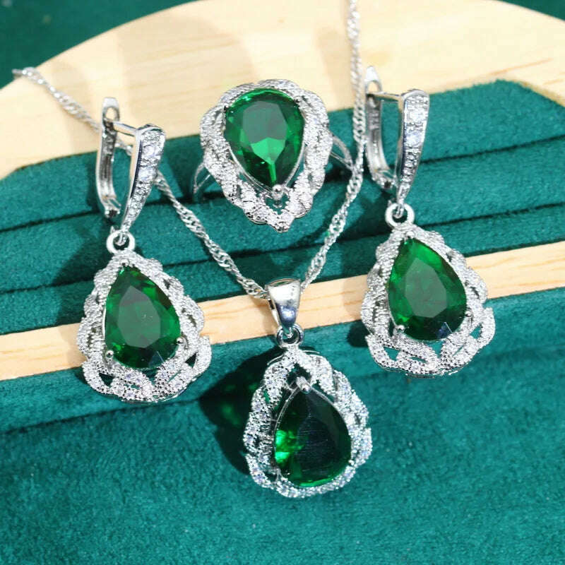 KIMLUD, Classics Green Zircon 925 Silver Jewelry Sets for Women Wedding Bracelet Earrings Necklace Pendant Ring Dating Gifts, 3PCS 01 / 8, KIMLUD APPAREL - Womens Clothes