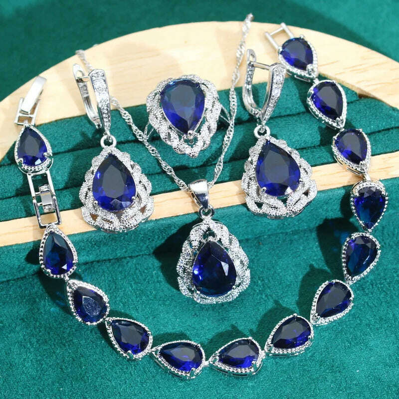 KIMLUD, Classics Green Zircon 925 Silver Jewelry Sets for Women Wedding Bracelet Earrings Necklace Pendant Ring Dating Gifts, 4PCS 03 / 9, KIMLUD APPAREL - Womens Clothes