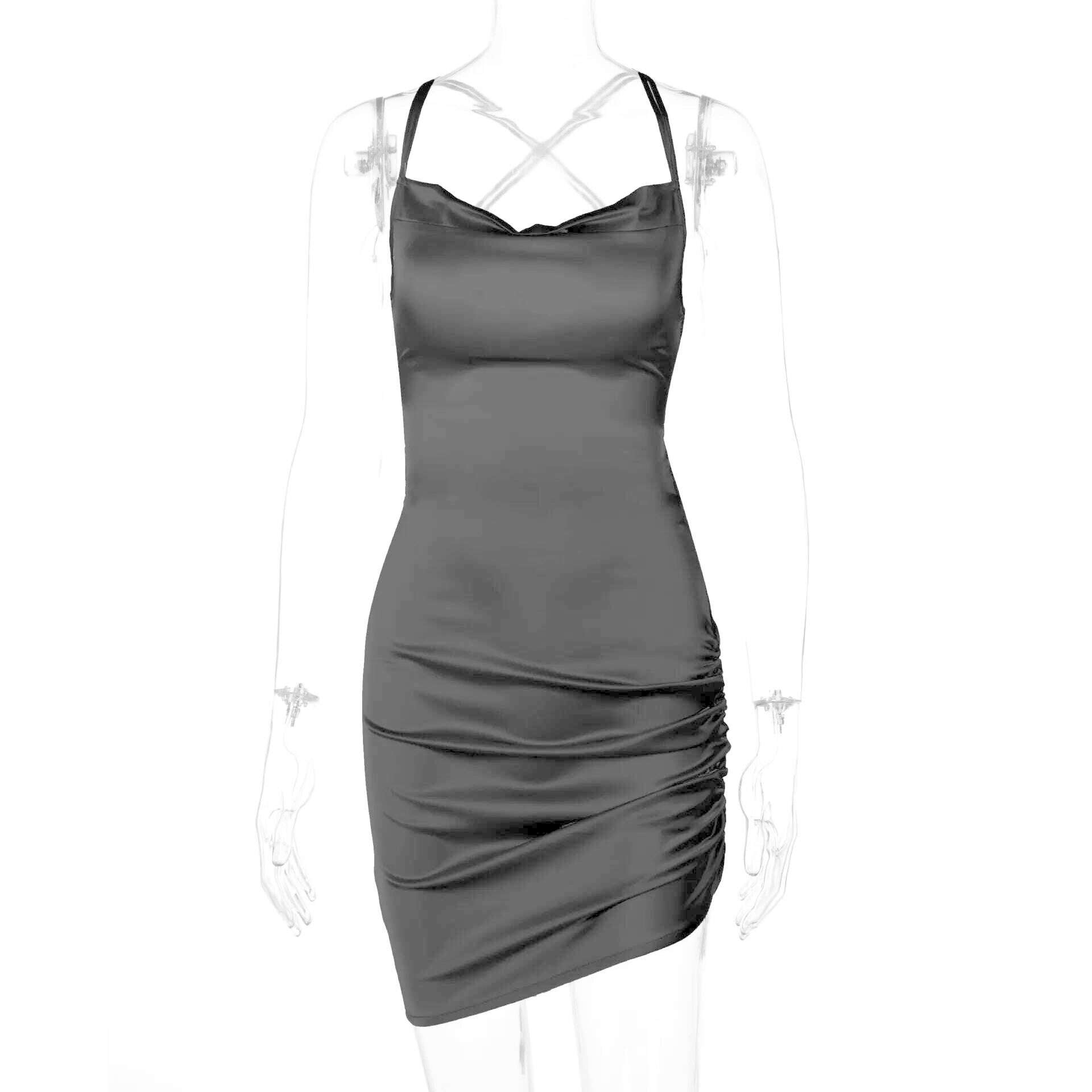 KIMLUD, Close-fitting Skinny Sexy Mini Dress Solid Color Sleeveless Backless Ruched Low-Cut Slim High Waist Chic Stylish Bodycon Dress, black / M, KIMLUD APPAREL - Womens Clothes