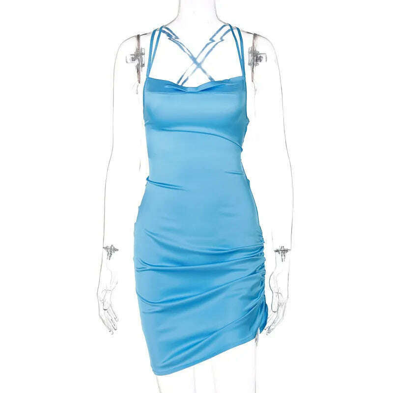 KIMLUD, Close-fitting Skinny Sexy Mini Dress Solid Color Sleeveless Backless Ruched Low-Cut Slim High Waist Chic Stylish Bodycon Dress, Blue / S, KIMLUD APPAREL - Womens Clothes