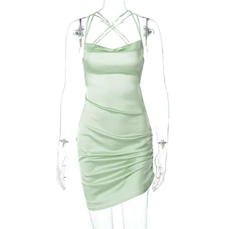 KIMLUD, Close-fitting Skinny Sexy Mini Dress Solid Color Sleeveless Backless Ruched Low-Cut Slim High Waist Chic Stylish Bodycon Dress, green / M, KIMLUD APPAREL - Womens Clothes