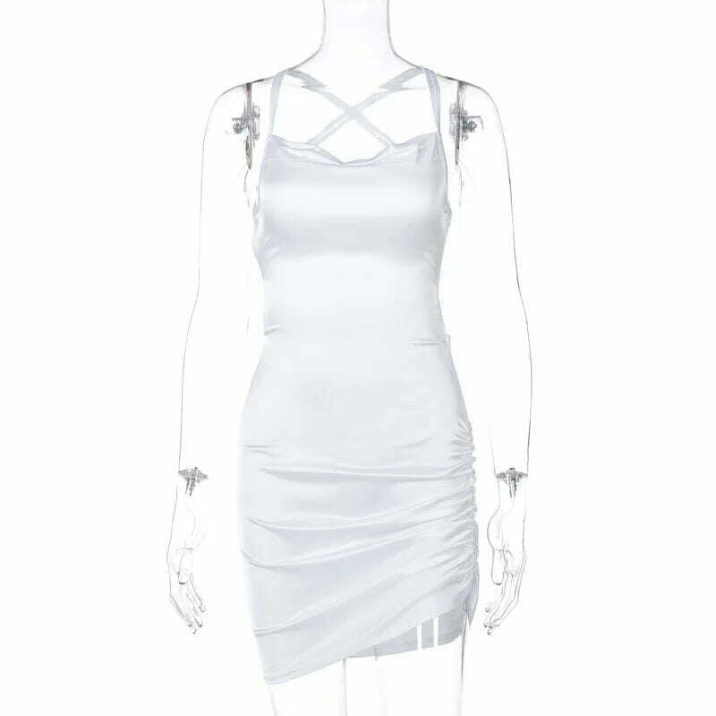 KIMLUD, Close-fitting Skinny Sexy Mini Dress Solid Color Sleeveless Backless Ruched Low-Cut Slim High Waist Chic Stylish Bodycon Dress, WHITE / XL, KIMLUD APPAREL - Womens Clothes