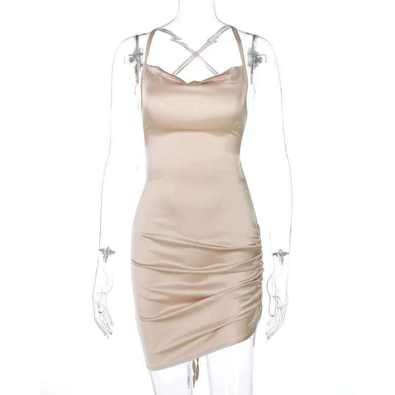 KIMLUD, Close-fitting Skinny Sexy Mini Dress Solid Color Sleeveless Backless Ruched Low-Cut Slim High Waist Chic Stylish Bodycon Dress, champagne / S, KIMLUD APPAREL - Womens Clothes