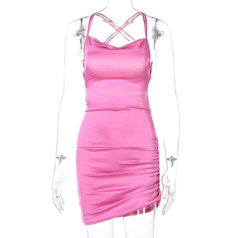 KIMLUD, Close-fitting Skinny Sexy Mini Dress Solid Color Sleeveless Backless Ruched Low-Cut Slim High Waist Chic Stylish Bodycon Dress, Rose Red / S, KIMLUD APPAREL - Womens Clothes