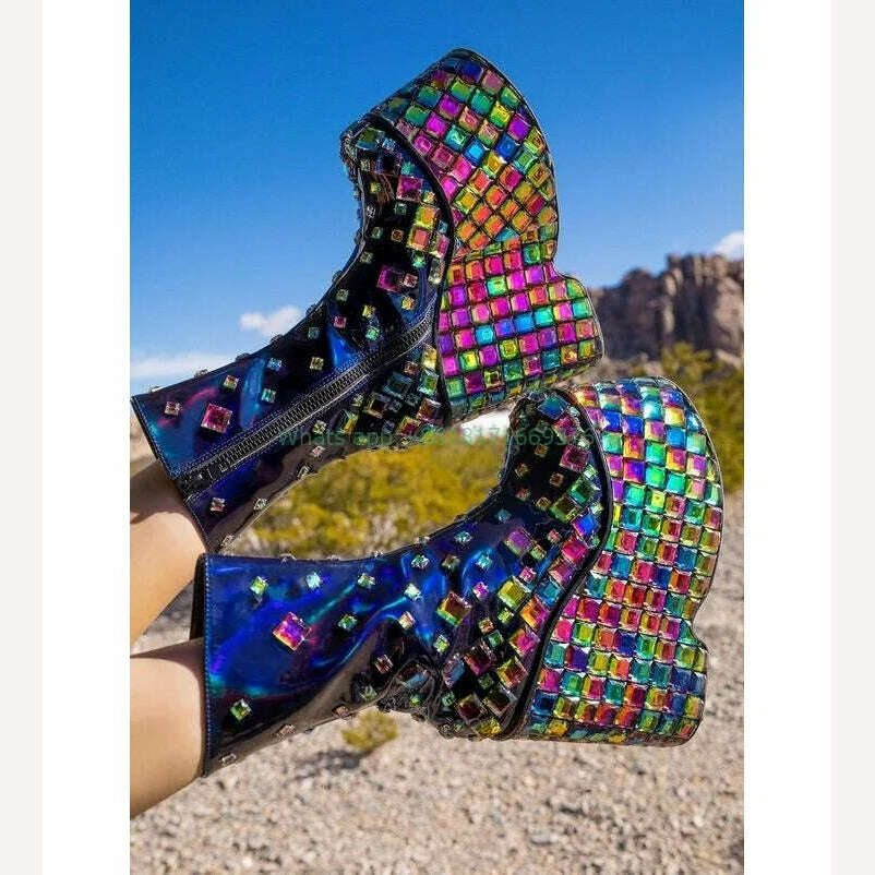 Club Gem Rhinestone Platform Wedges Boots Lady Design Zip Round Toe High Heel Blingbling Boots Fashion Shoes Dress Girl - KIMLUD