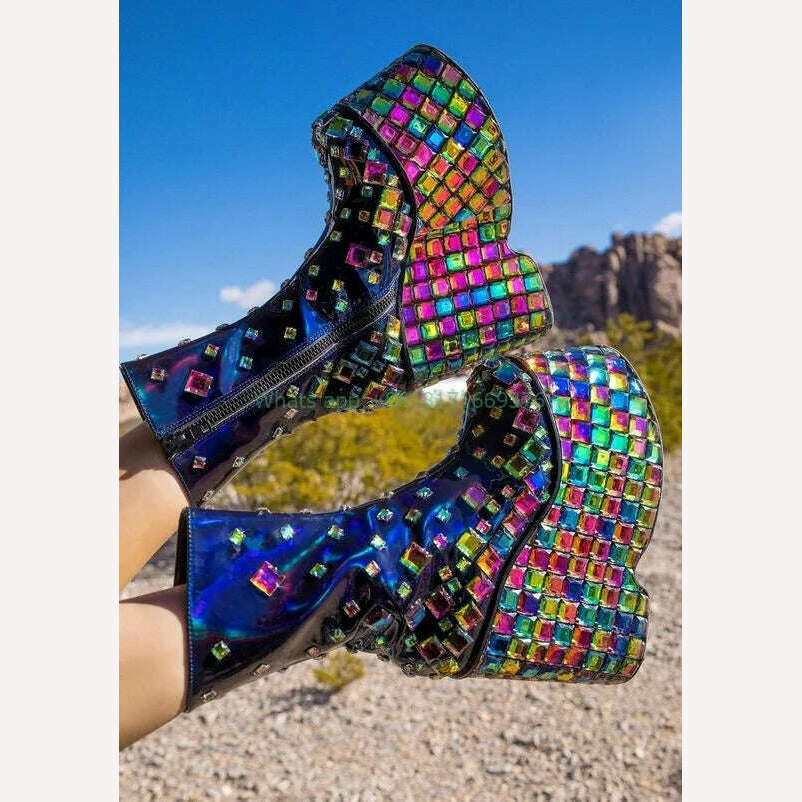 Club Gem Rhinestone Platform Wedges Boots Lady Design Zip Round Toe High Heel Blingbling Boots Fashion Shoes Dress Girl - KIMLUD