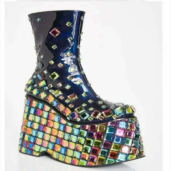 KIMLUD, Club Gem Rhinestone Platform Wedges Boots Lady Design Zip Round Toe High Heel Blingbling Boots Fashion Shoes Dress Girl, KIMLUD Womens Clothes