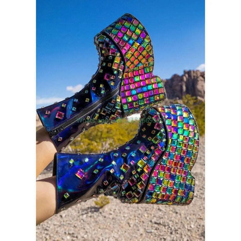 Club Gem Rhinestone Platform Wedges Boots Lady Design Zip Round Toe High Heel Blingbling Boots Fashion Shoes Dress Girl - KIMLUD