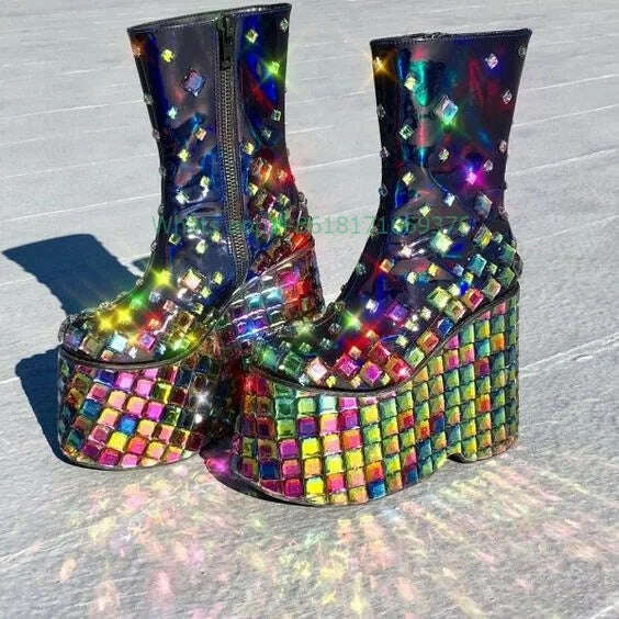 Club Gem Rhinestone Platform Wedges Boots Lady Design Zip Round Toe High Heel Blingbling Boots Fashion Shoes Dress Girl - KIMLUD