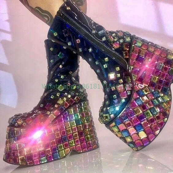 Club Gem Rhinestone Platform Wedges Boots Lady Design Zip Round Toe High Heel Blingbling Boots Fashion Shoes Dress Girl - KIMLUD