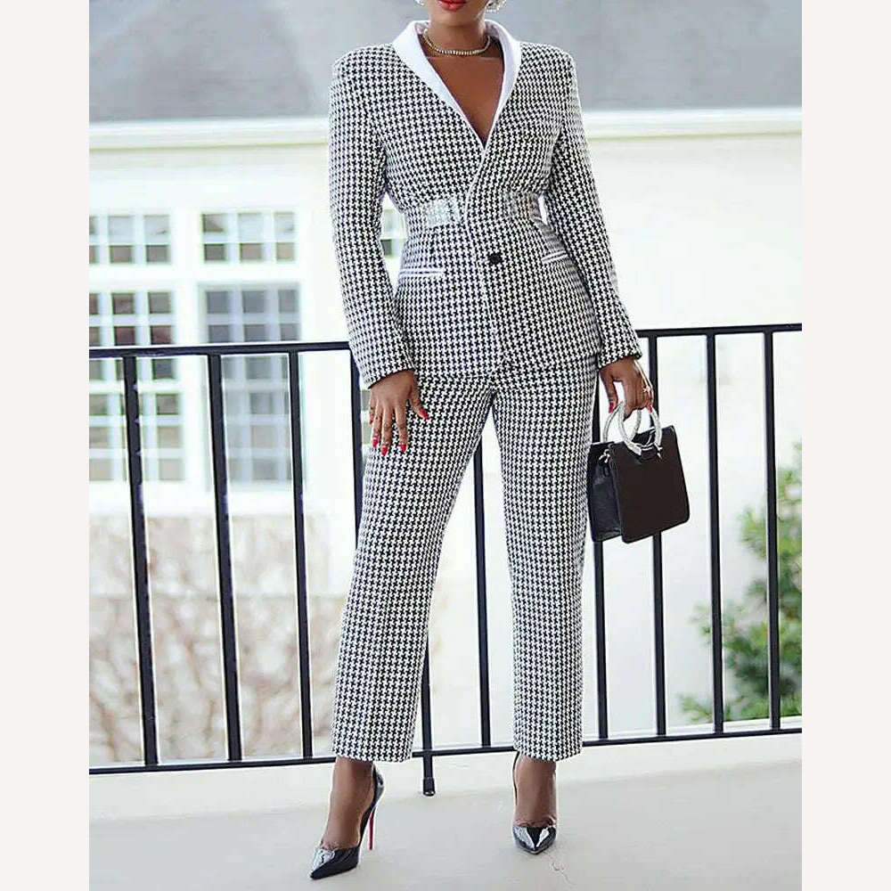 KIMLUD, CM.YAYA Elegant Houndstooth Blazer Suit and Pants Two 2Piece Set for Women 2023 Autumn Winter Classic OL Street Outfit Tracksuit, Black / S, KIMLUD Womens Clothes