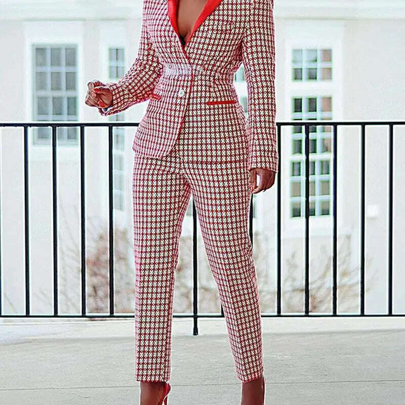 KIMLUD, CM.YAYA Elegant Houndstooth Blazer Suit and Pants Two 2Piece Set for Women 2023 Autumn Winter Classic OL Street Outfit Tracksuit, KIMLUD Womens Clothes