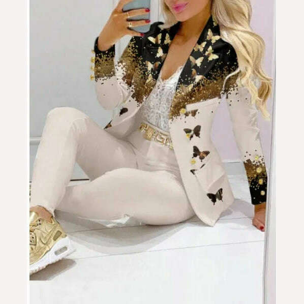 KIMLUD, CM.YAYA Elegant INS Paisley Butterfly Blazer Suit and Pants Two 2 Piece Set for Women 2022 Autumn Winter Street Outfit Tracksuit, butterfly white / S, KIMLUD Womens Clothes