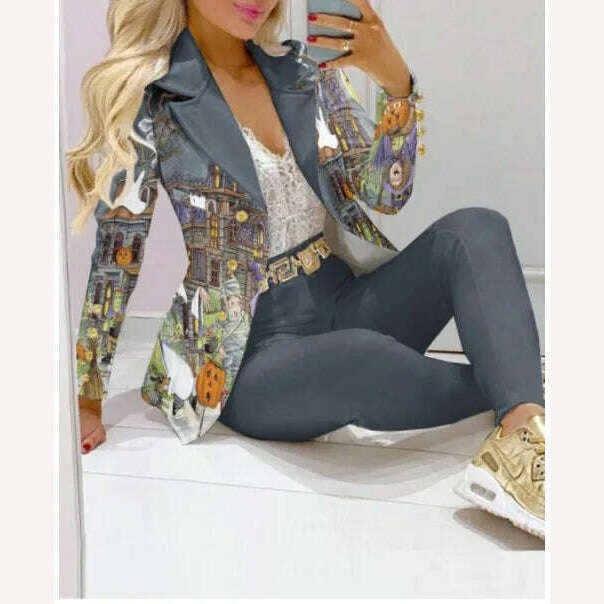 KIMLUD, CM.YAYA Elegant INS Paisley Butterfly Blazer Suit and Pants Two 2 Piece Set for Women 2022 Autumn Winter Street Outfit Tracksuit, Dark Gray / S, KIMLUD Womens Clothes