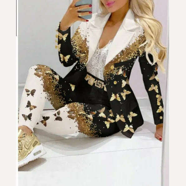 KIMLUD, CM.YAYA Elegant INS Paisley Butterfly Blazer Suit and Pants Two 2 Piece Set for Women 2022 Autumn Winter Street Outfit Tracksuit, butterfly black / S, KIMLUD Womens Clothes