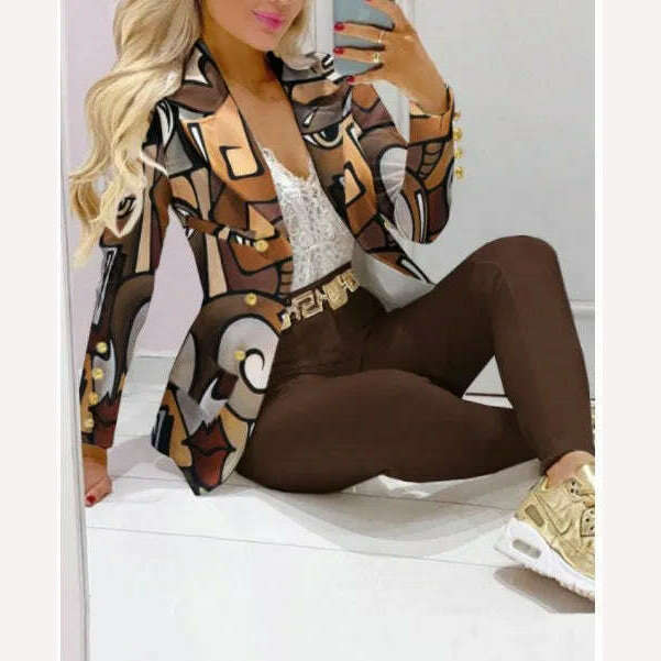 KIMLUD, CM.YAYA Elegant INS Paisley Butterfly Blazer Suit and Pants Two 2 Piece Set for Women 2022 Autumn Winter Street Outfit Tracksuit, Dark Brown / S, KIMLUD Womens Clothes