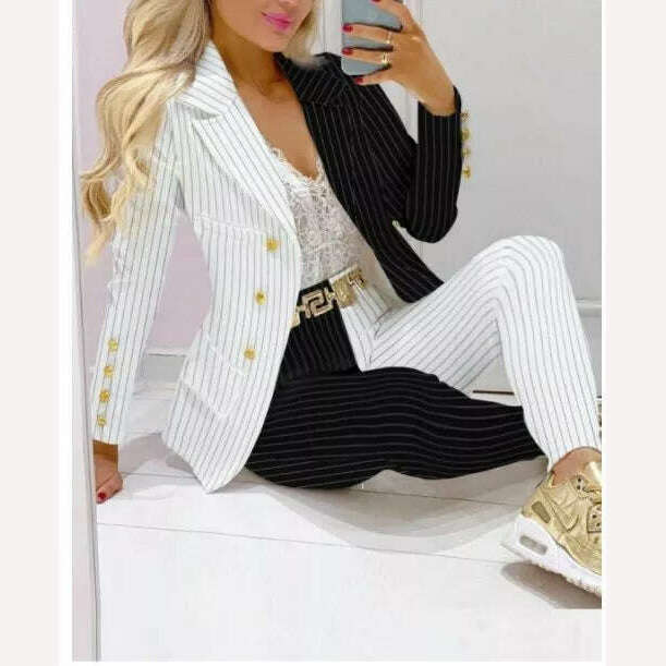 KIMLUD, CM.YAYA Elegant INS Paisley Butterfly Blazer Suit and Pants Two 2 Piece Set for Women 2022 Autumn Winter Street Outfit Tracksuit, black white striped / S, KIMLUD Womens Clothes