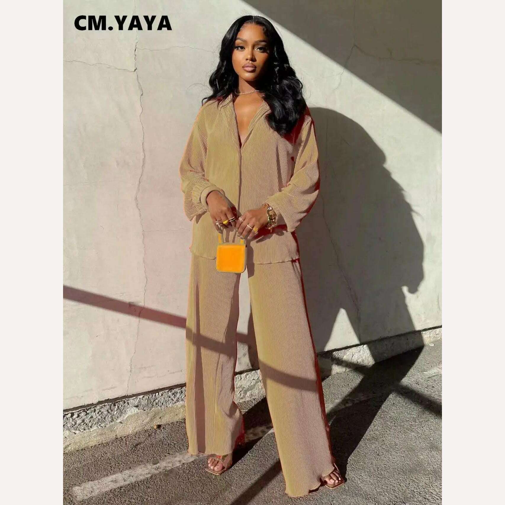 KIMLUD, CM.YAYA Pleated Women&#39;s Set Long Sleeve Shirt Tops and Straight Wide Leg Pants Elegant Tracksuit Two 2 Piece Set Fitness Outfits, Khaki / S, KIMLUD Womens Clothes