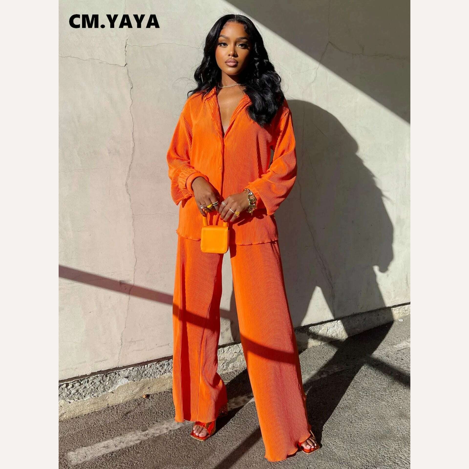 KIMLUD, CM.YAYA Pleated Women&#39;s Set Long Sleeve Shirt Tops and Straight Wide Leg Pants Elegant Tracksuit Two 2 Piece Set Fitness Outfits, Orange / S, KIMLUD Womens Clothes