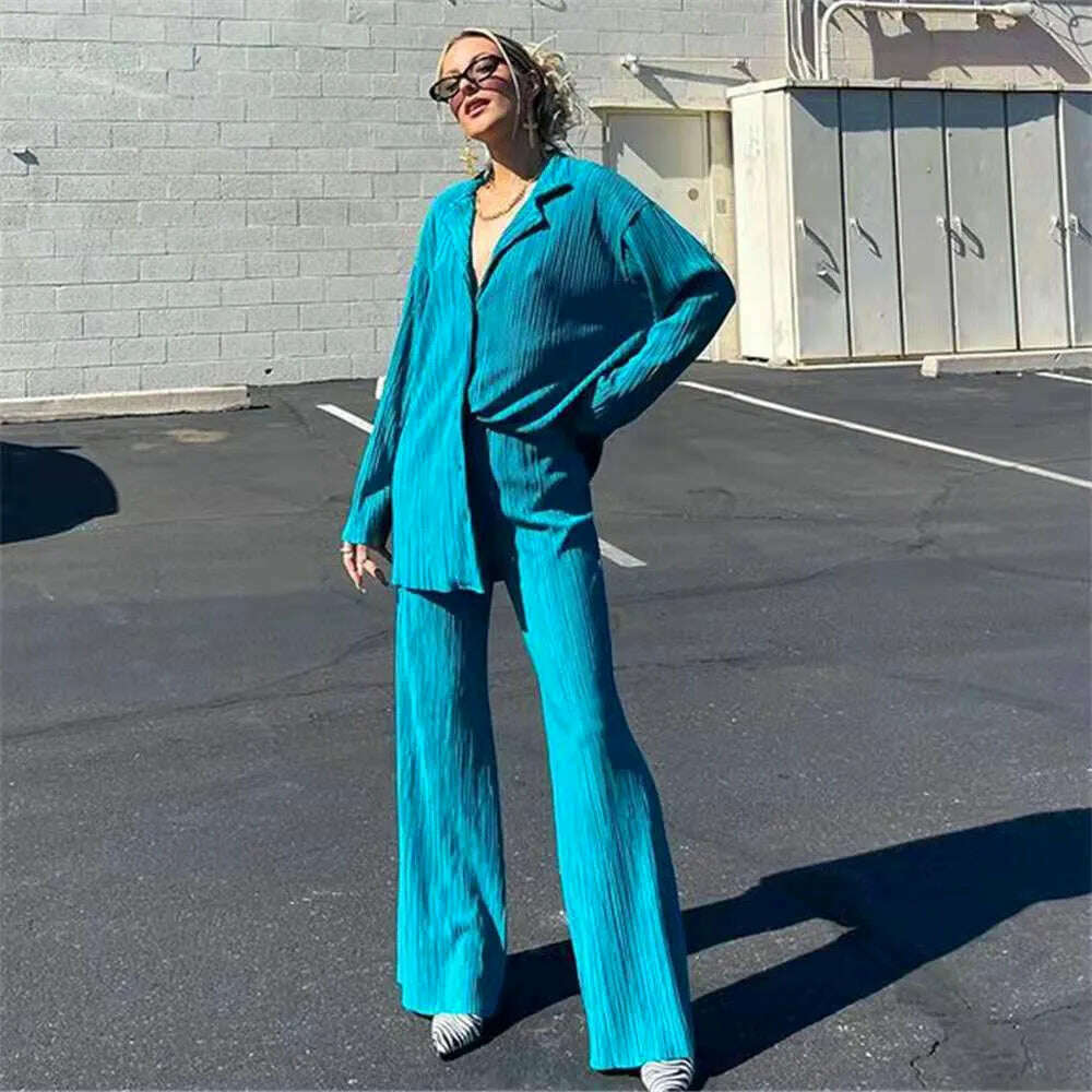 KIMLUD, CM.YAYA Pleated Women&#39;s Set Long Sleeve Shirt Tops and Straight Wide Leg Pants Elegant Tracksuit Two 2 Piece Set Fitness Outfits, Malachite Blue / S, KIMLUD Womens Clothes