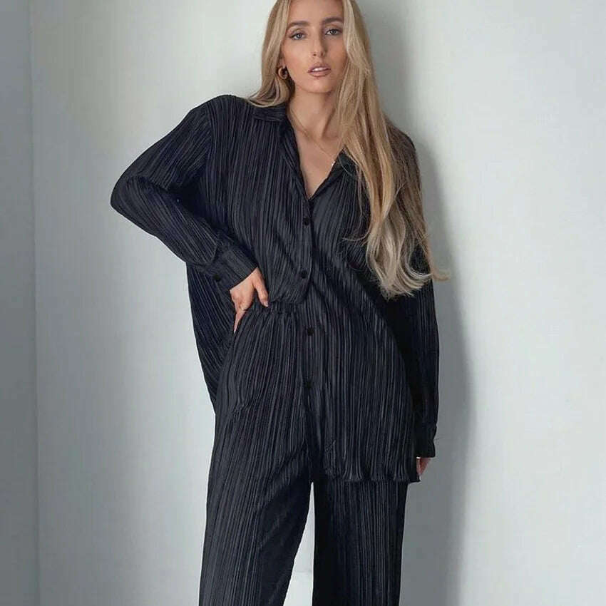 KIMLUD, CM.YAYA Pleated Women&#39;s Set Long Sleeve Shirt Tops and Straight Wide Leg Pants Elegant Tracksuit Two 2 Piece Set Fitness Outfits, KIMLUD Womens Clothes