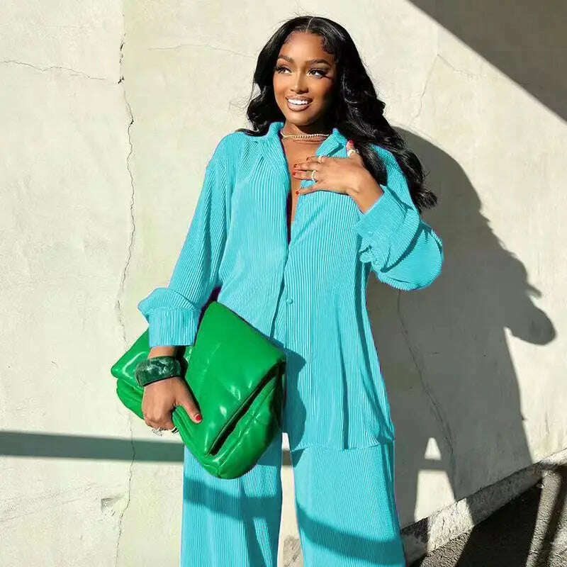 CM.YAYA Pleated Women's Set Long Sleeve Shirt Tops and Straight Wide Leg Pants Elegant Tracksuit Two 2 Piece Set Fitness Outfits - KIMLUD