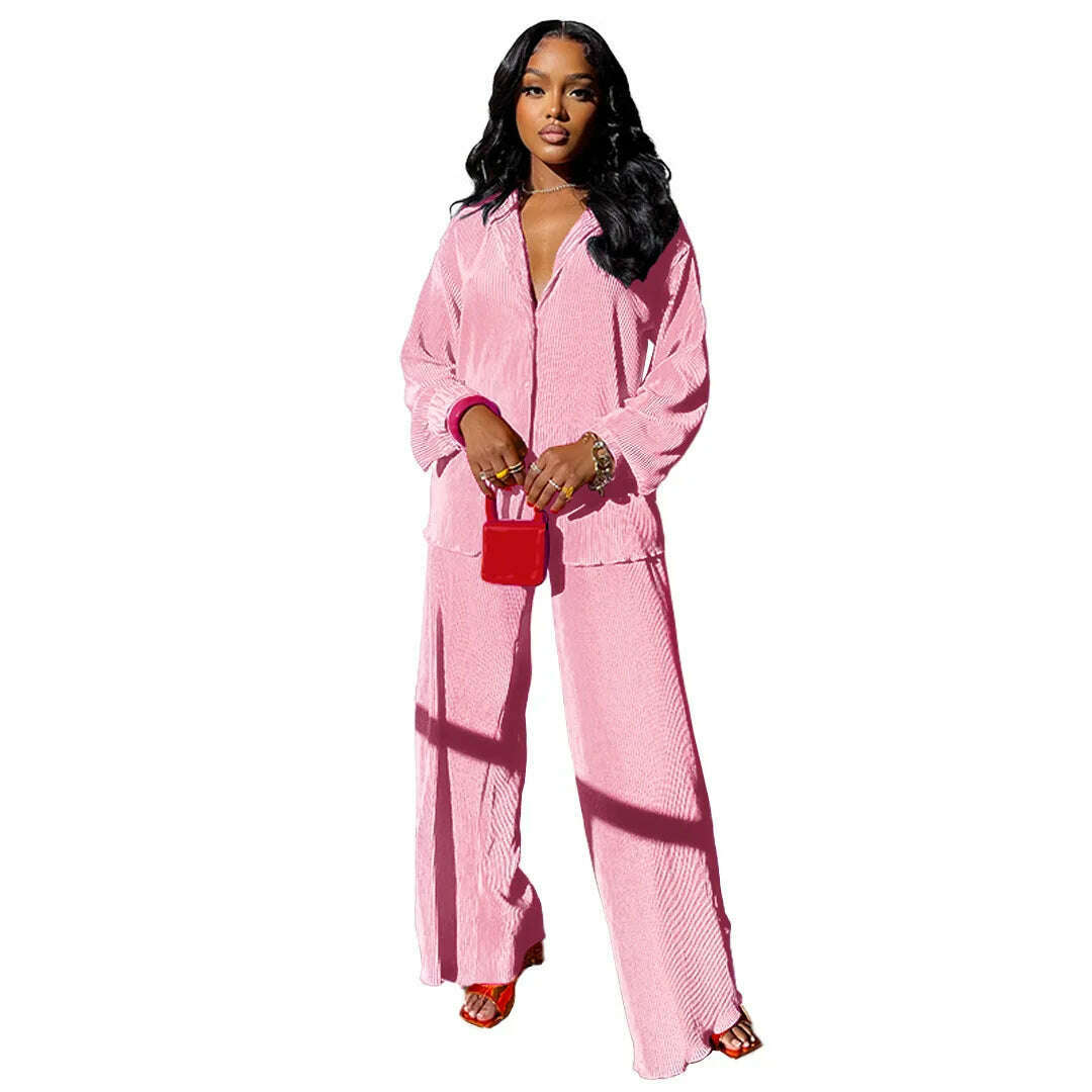 CM.YAYA Street Women's Set Long Sleeve Shirt Tops and Wide Leg Pants Elegant Tracksuit Two Piece Set Sweatsuit Fitness Outfits - KIMLUD