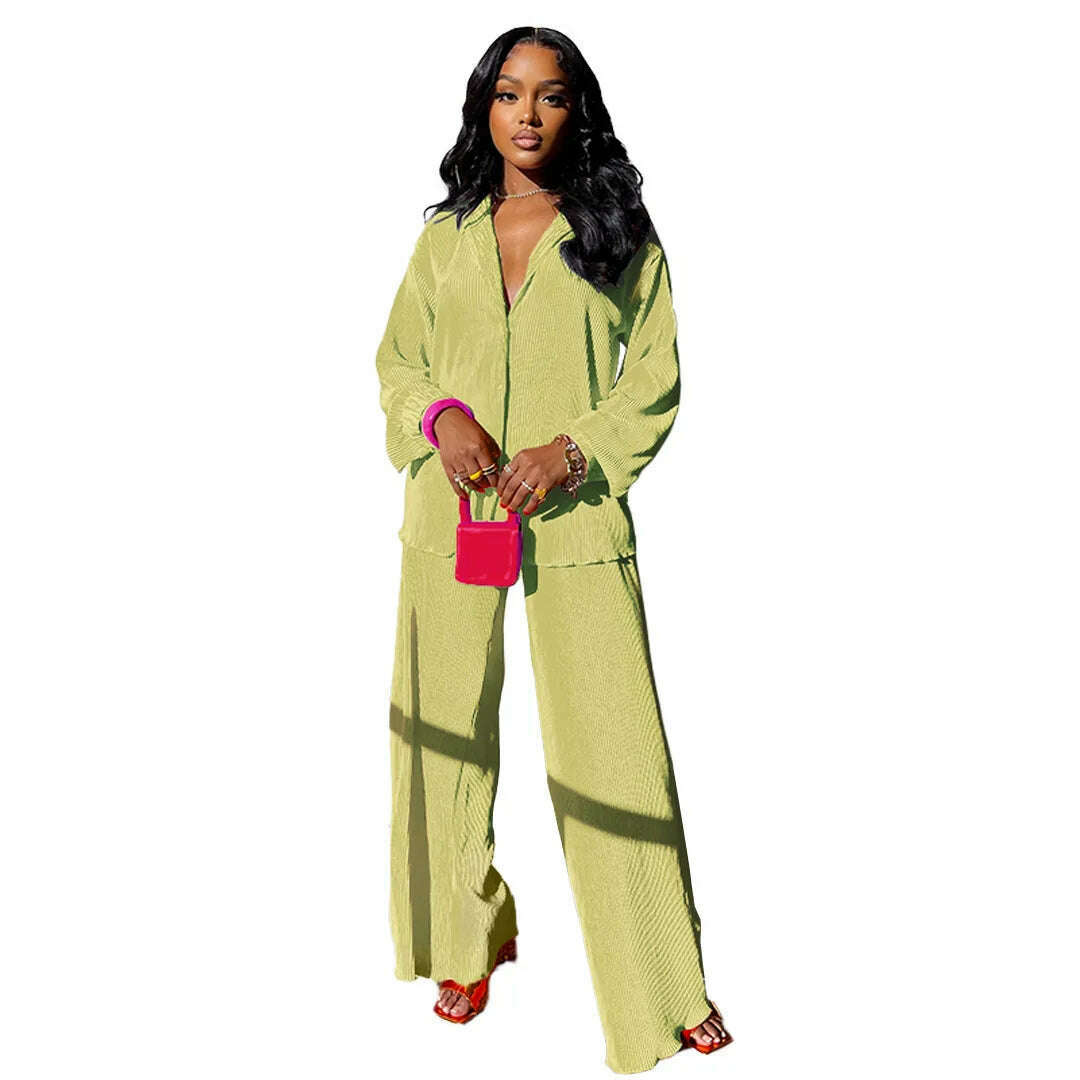 KIMLUD, CM.YAYA Street Women&#39;s Set Long Sleeve Shirt Tops and Wide Leg Pants Elegant Tracksuit Two Piece Set Sweatsuit Fitness Outfits, light  yellow / S, KIMLUD Womens Clothes