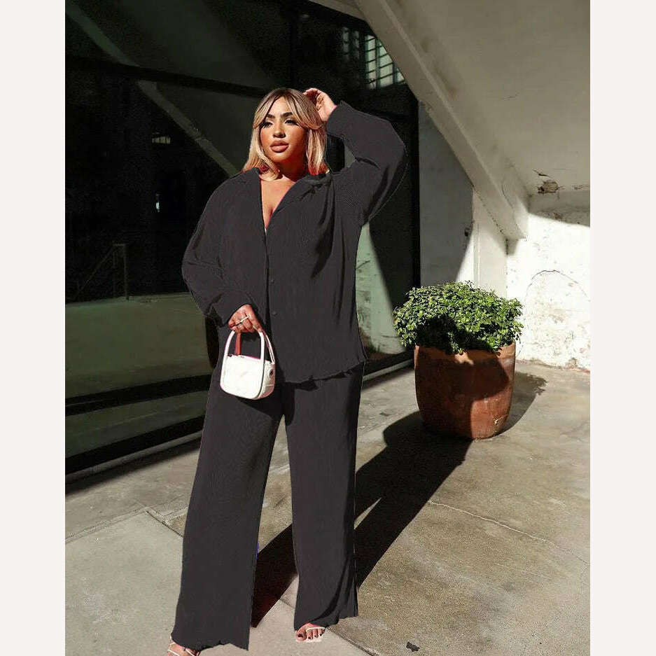 KIMLUD, CM.YAYA Street Women&#39;s Set Long Sleeve Shirt Tops and Wide Leg Pants Elegant Tracksuit Two Piece Set Sweatsuit Fitness Outfits, KIMLUD Womens Clothes