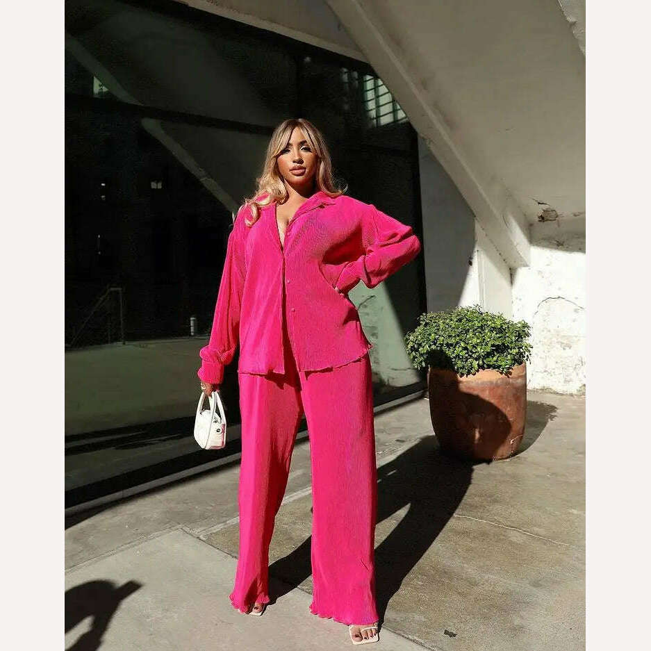 CM.YAYA Street Women's Set Long Sleeve Shirt Tops and Wide Leg Pants Elegant Tracksuit Two Piece Set Sweatsuit Fitness Outfits - KIMLUD